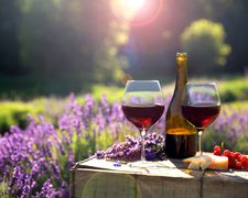 Glasses of red wine in lavender field